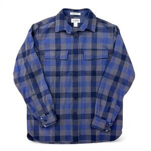 Vintage LL Bean Checkered Plaid Flannel Chamois Cloth Button Up Shirt Blue Gray